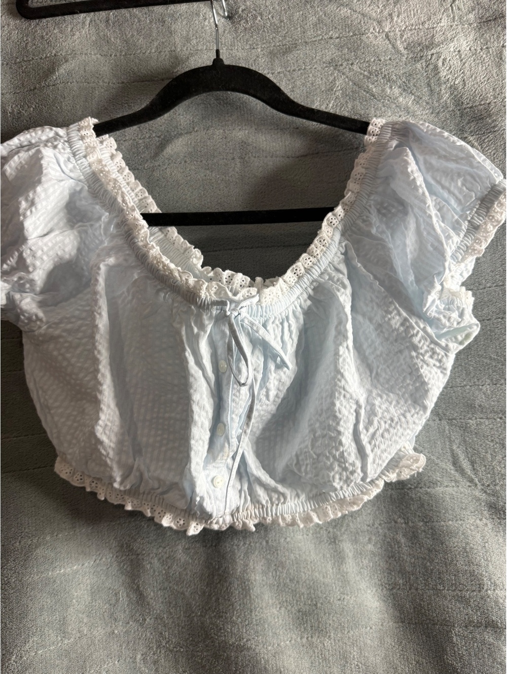 Victoria’s Secret PINK Y2K Seersucker Peasant Crop Top L Blue Eyelet Lace NWOT